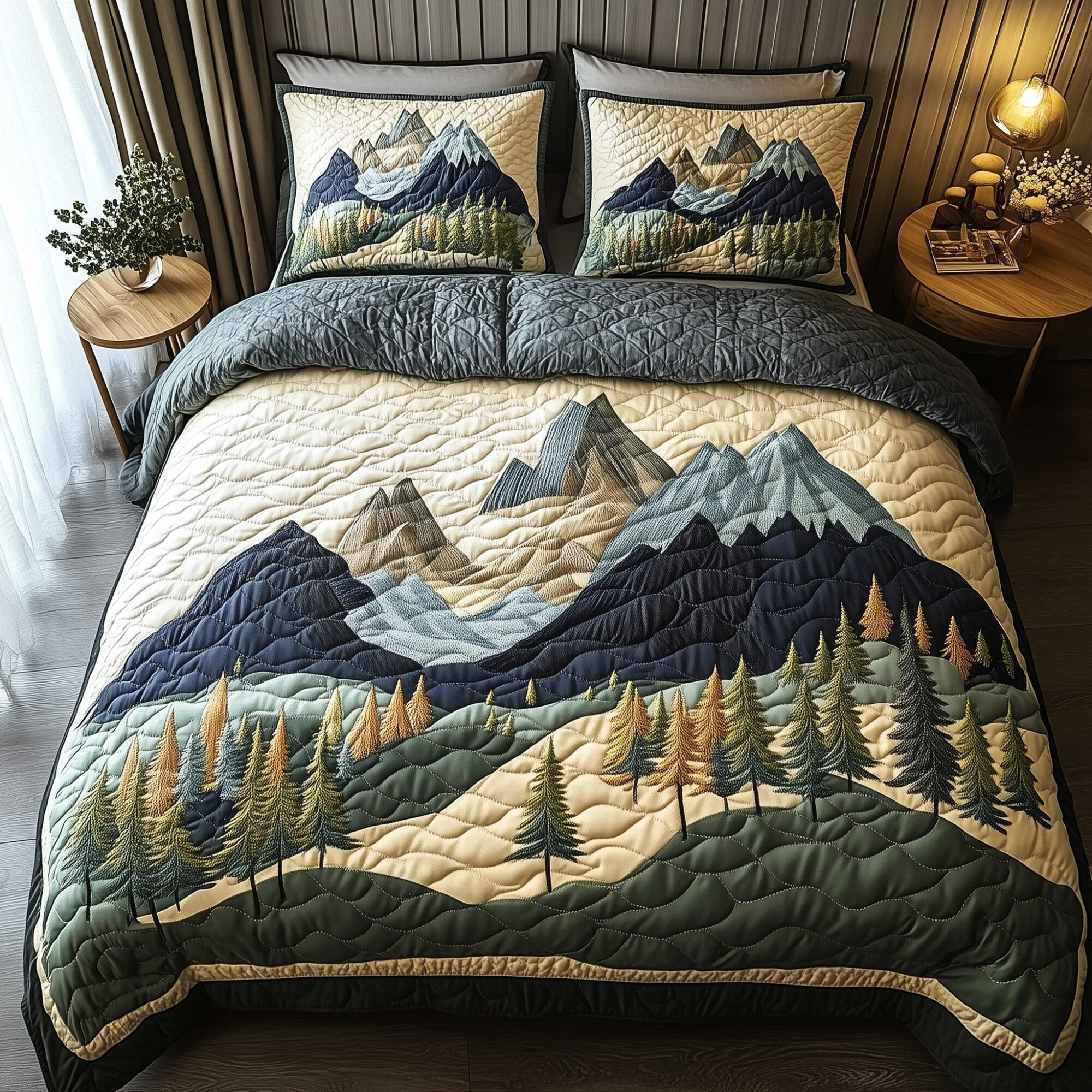 Woodland Retreat Quilted Bedding Set Peaceful Snow Scene Theme Nature Gift Ideas