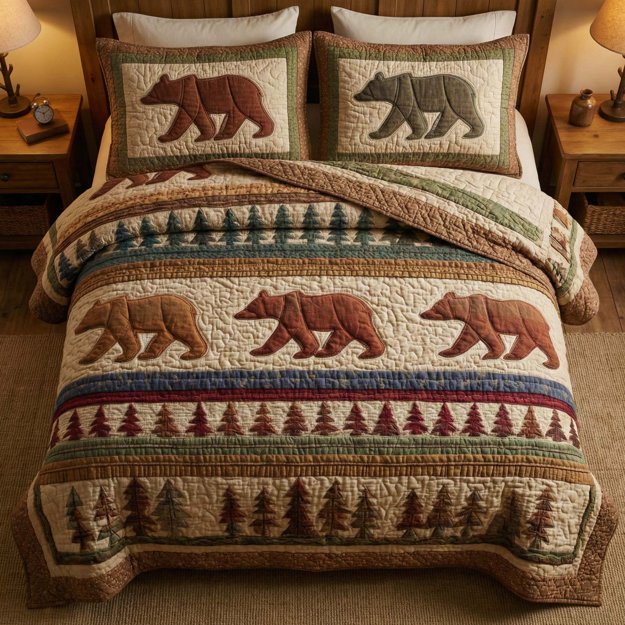 Woodland Stripes Quilted Bedding Set Best Fitted Sheets Bear Theme Gifts