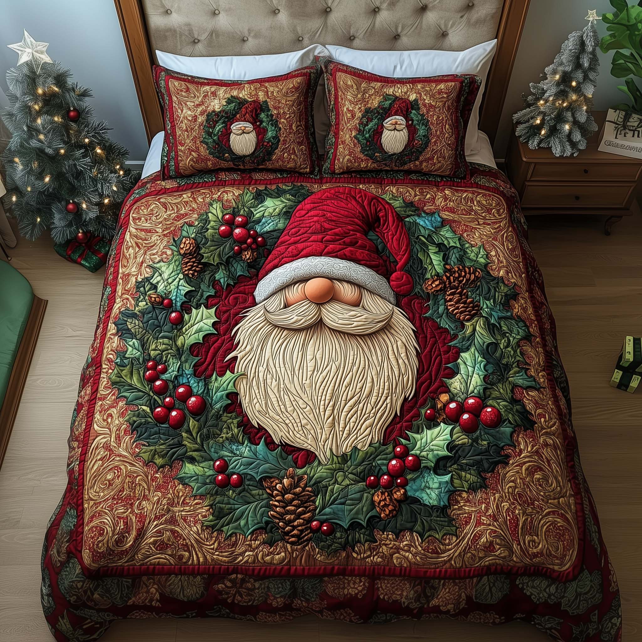 Wreath Gnome Quilted Bedding Set Xmas Room Decorations Cute Gnome Gifts