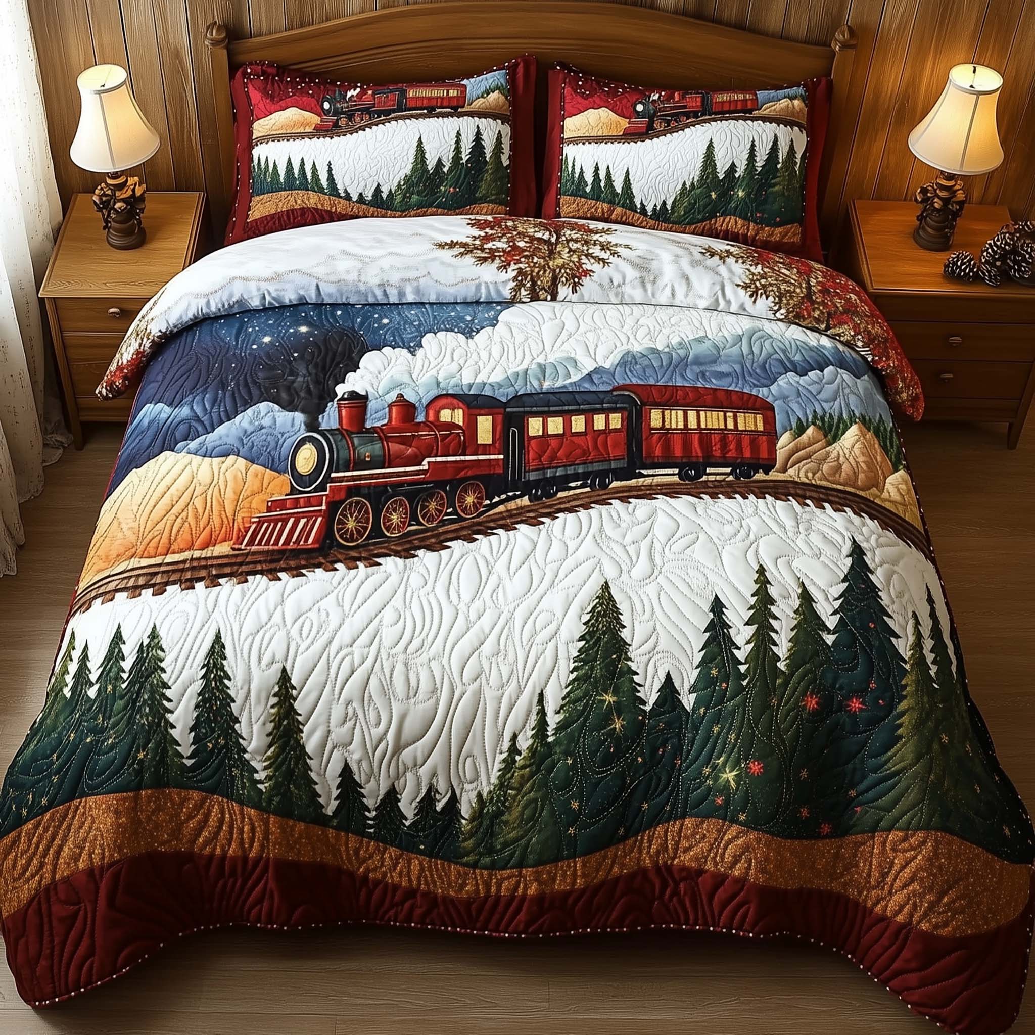 Yuletide Express Quilted Bedding Set Holiday Bedding Sets Train Presents For Adults
