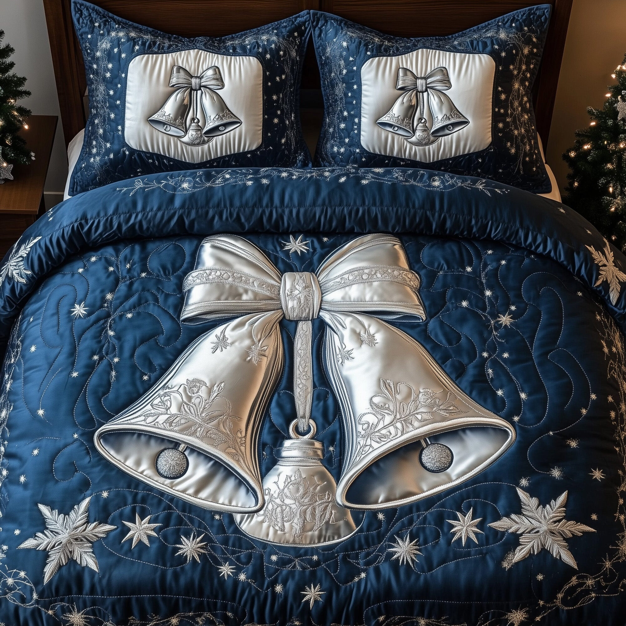 Yuletide Melody Bells Quilted Bedding Set Silver Christmas Bells Jingle Bell Holiday Decor