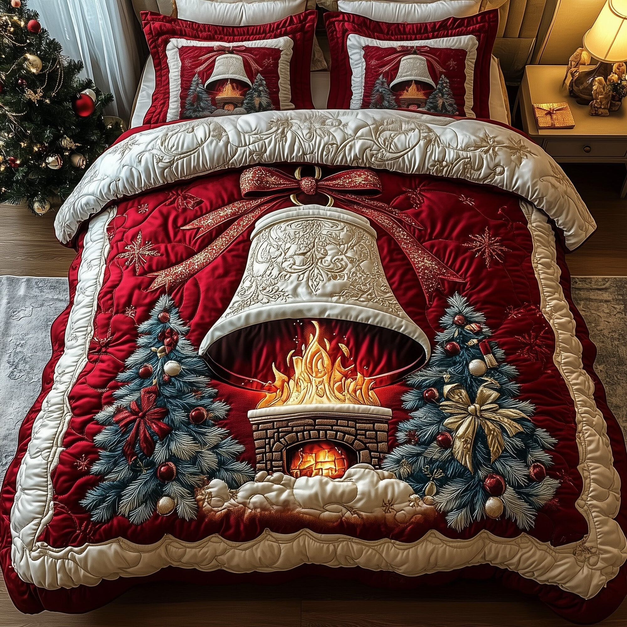 Yuletide Melody Quilted Bedding Set Festive Jingle Bells Theme Unique Bedding Presents