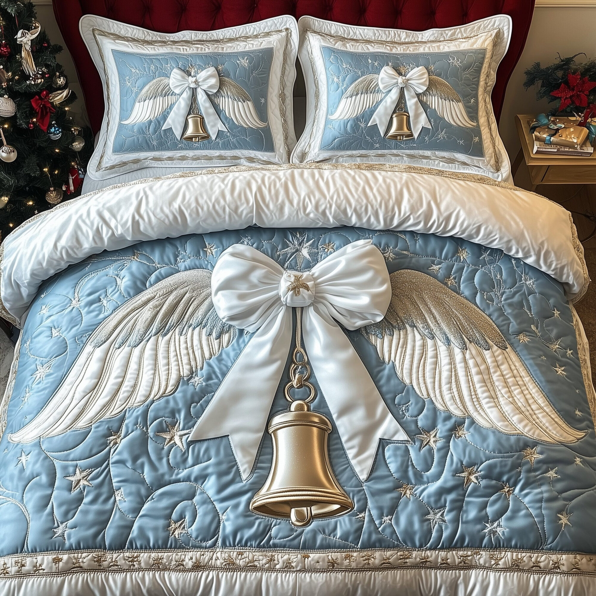 Yuletide Melody Quilted Bedding Set Jingle Bells Angel Wing Merry Christmas Home Bedroom Decor