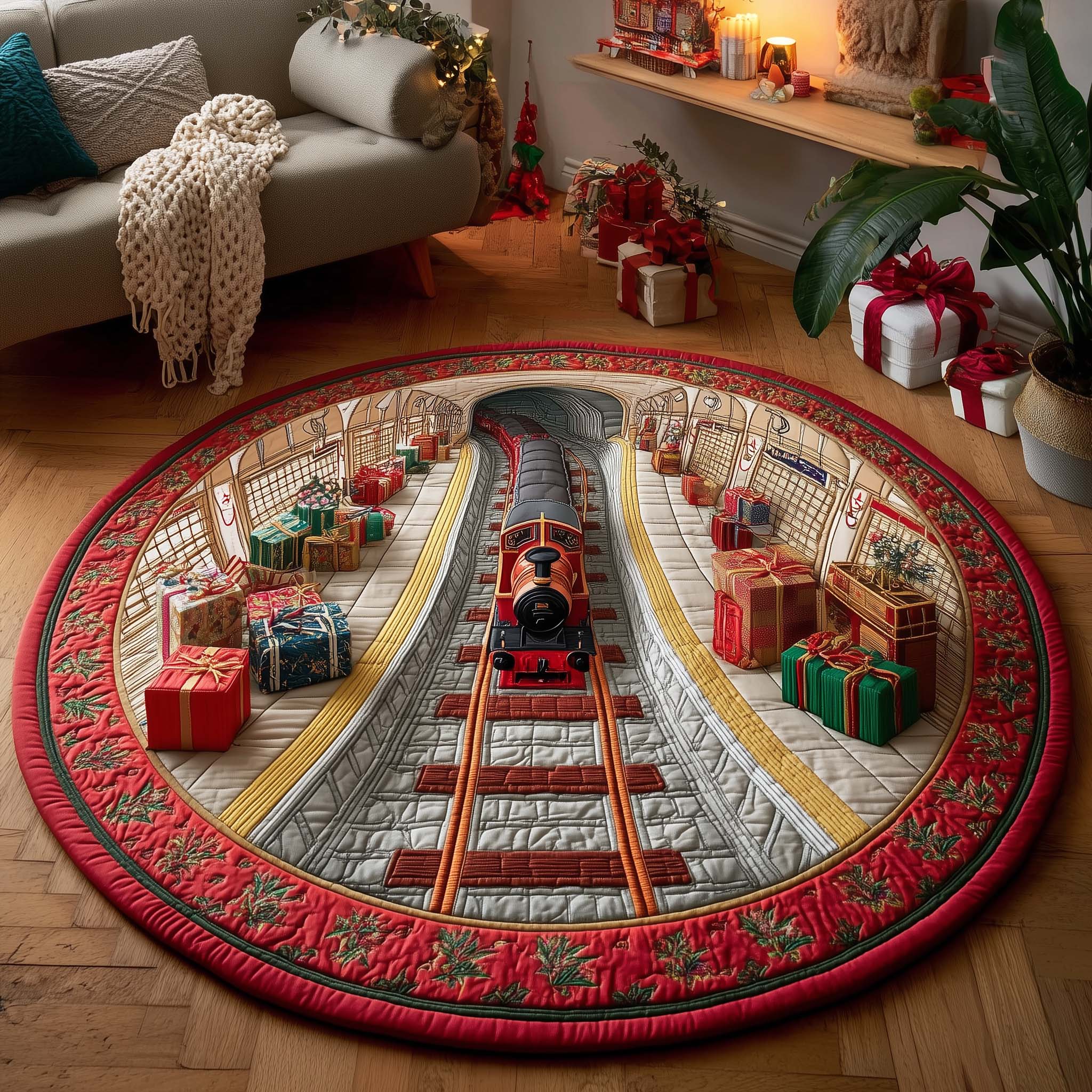 Yuletide Railway Quilted Round Mat Soft Quilted Round Mat Gift for Comfortable Living Eco-Friendly Quilted Round Mat for Sustainable Living