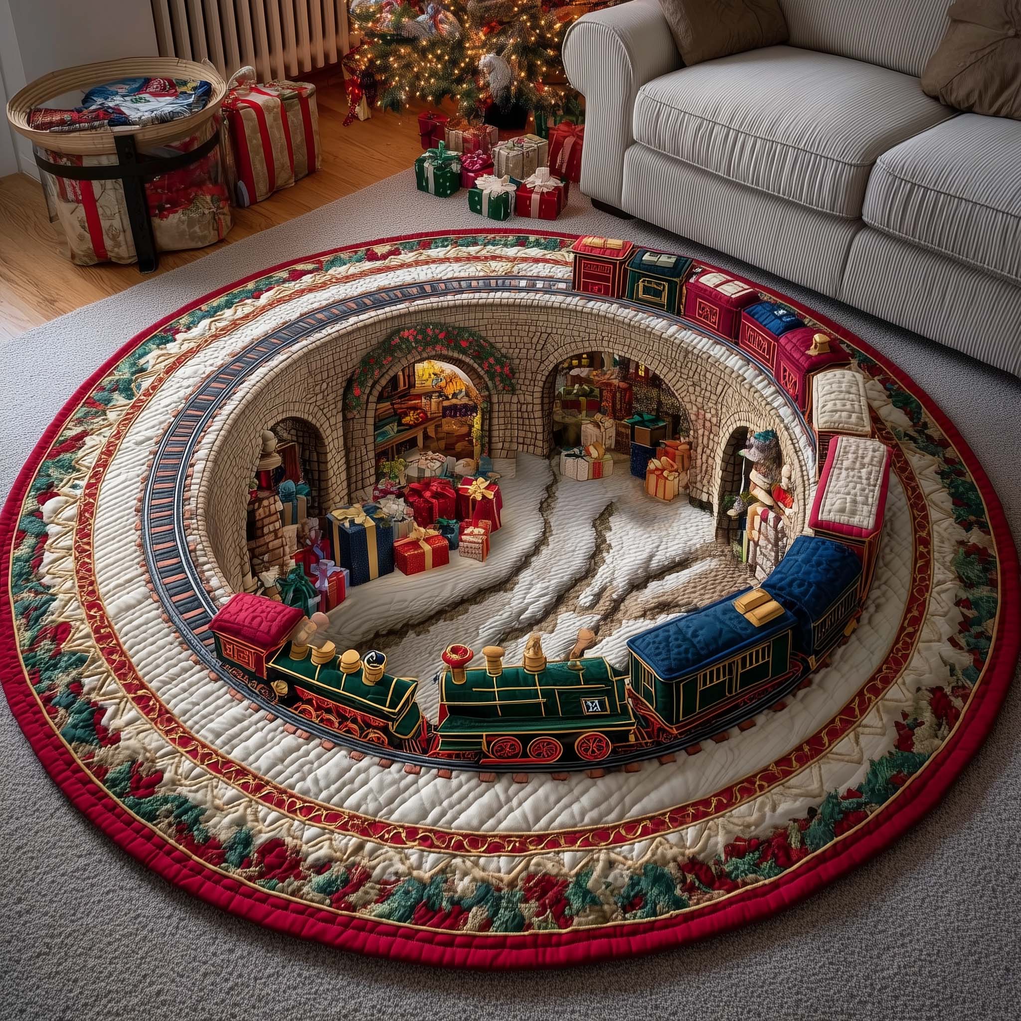 Yuletide Railway Quilted Round Mat Unique Quilted Round Mat Gift for Home Decor Enthusiasts Soft Cotton Quilted Round Mat for Daily Comfort