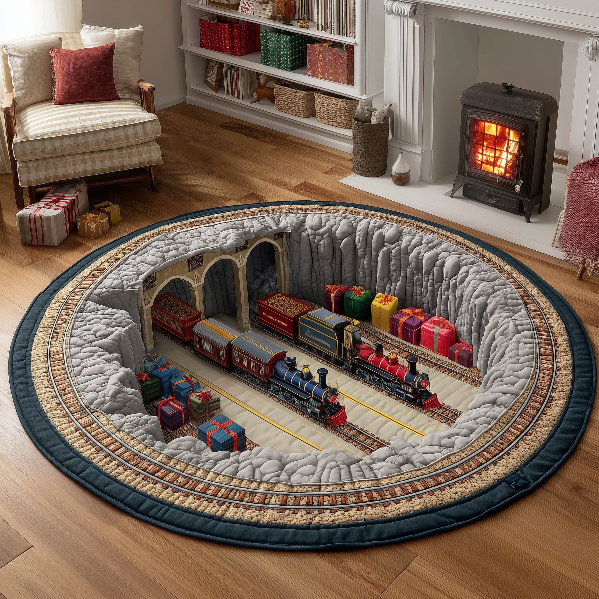 Yuletide Station Quilted Round Mat Charming Quilted Round Mat Gift for Holiday Celebrations Non-Slip Quilted Round Mat for Safety and Style