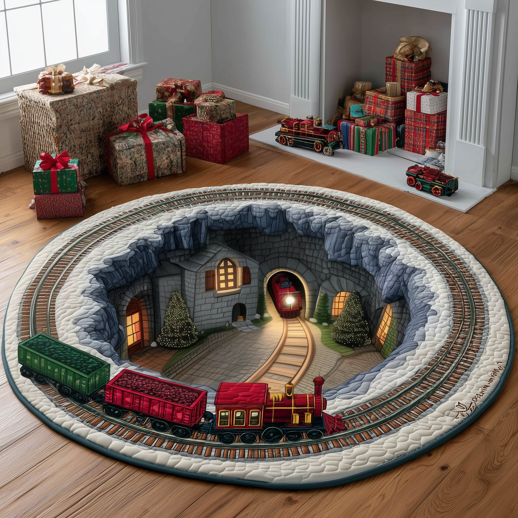 Yuletide Station Quilted Round Mat Luxury Quilted Round Mat Gift for Elegant Interiors Soft Cotton Quilted Round Mat for Daily Comfort