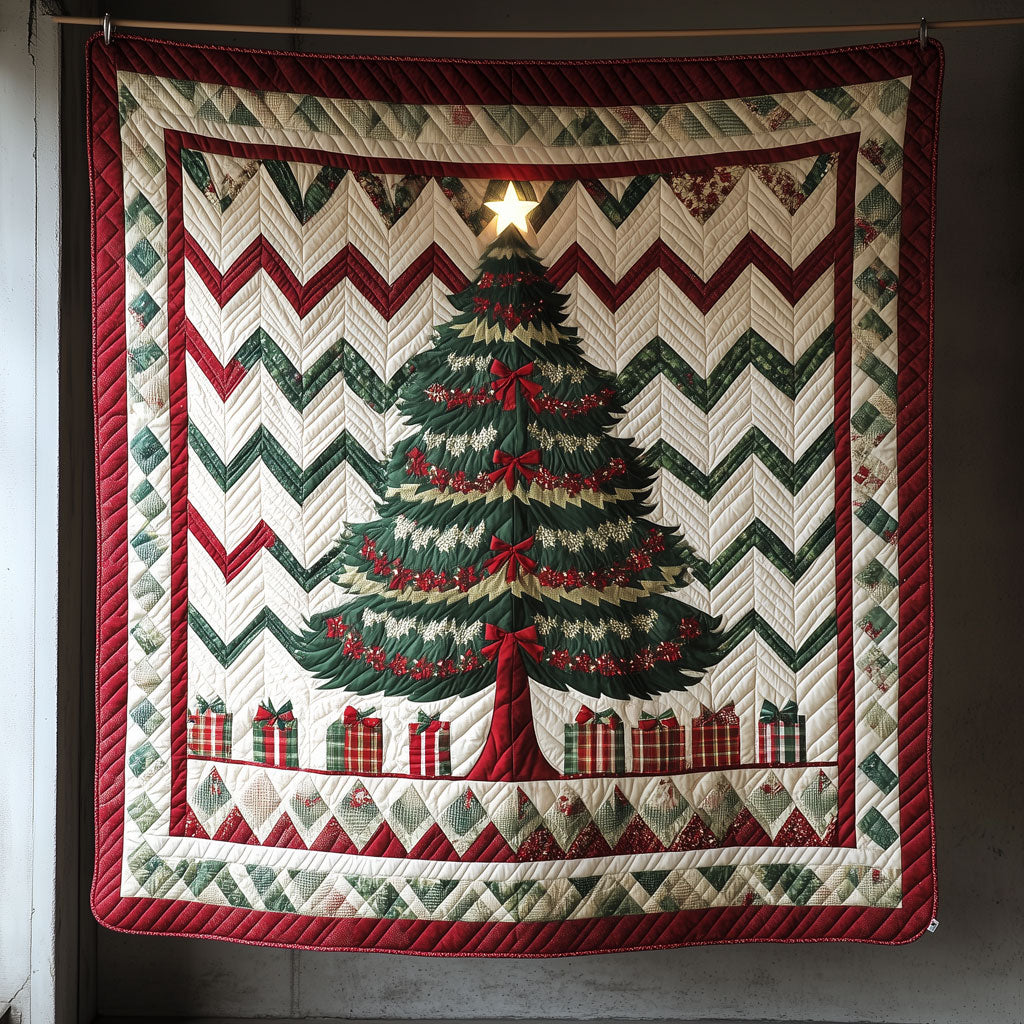 Zigzag Chevron Christmas Tree And Giftboxes Quilt Unique Holiday Gift Idea with Quilt Blanket